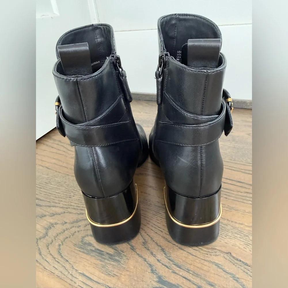 Tory Burch Black Leather Ankle Boots with Logo Buckle and gold accent EUC size 9